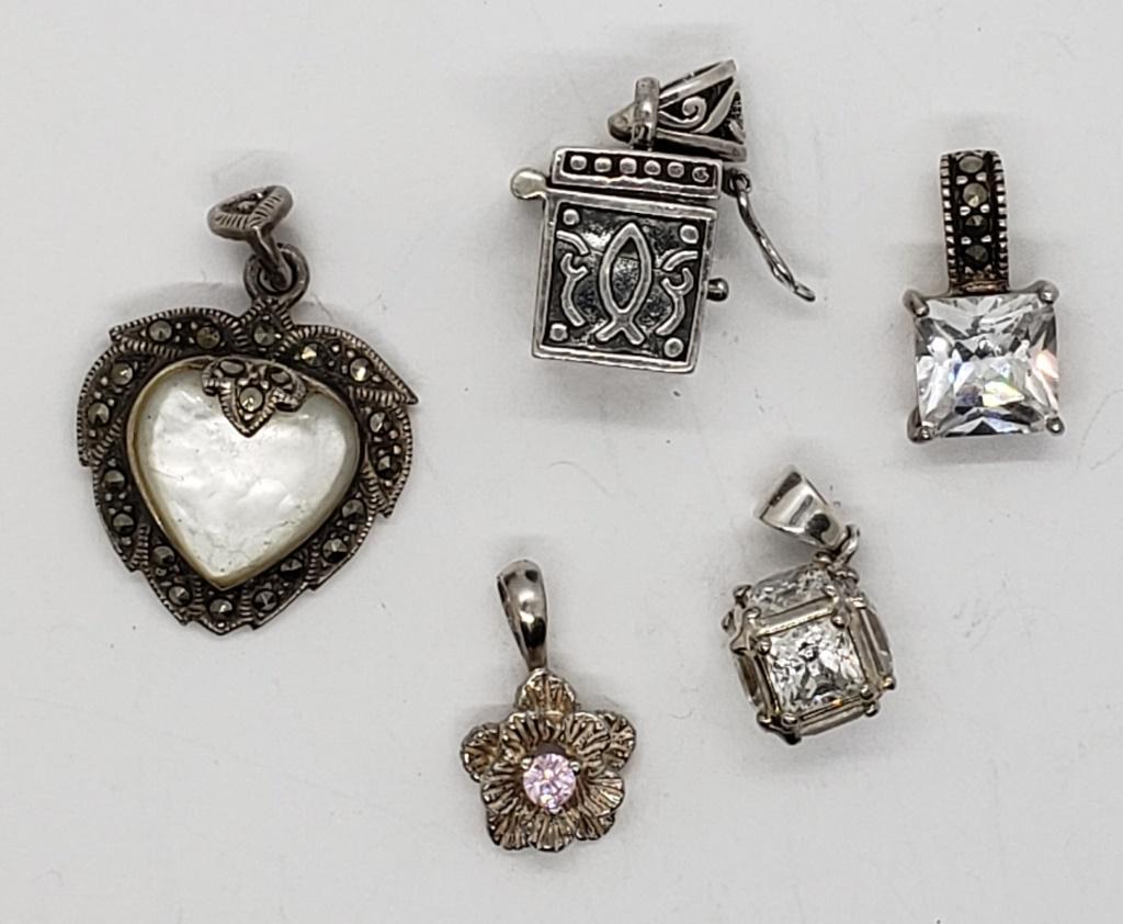(5) STERLING PENDANTS MARCASITE & CZ's: CUTE LOT (10 DWT)