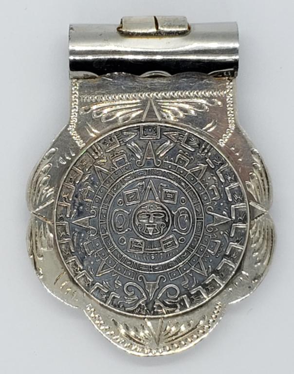 STERLING MEXICO MONEY CLIP: Aztec Mayan Calendar ( 17.6 DWT)