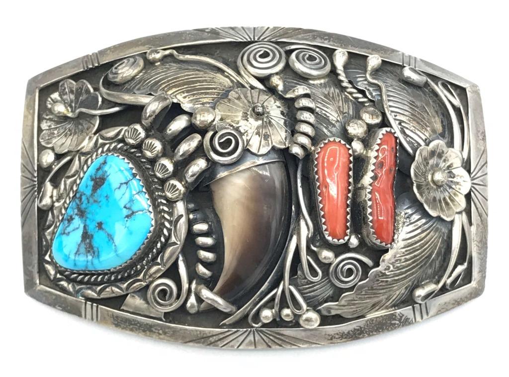 FJ FAUX CLAW BELT BUCKLE TURQUOISE CORAL: 56 DWT TOTAL Navajo Native American Belt Buckle made from sterling silver, coral, and turquoise. It is stamped Sterling and FJ