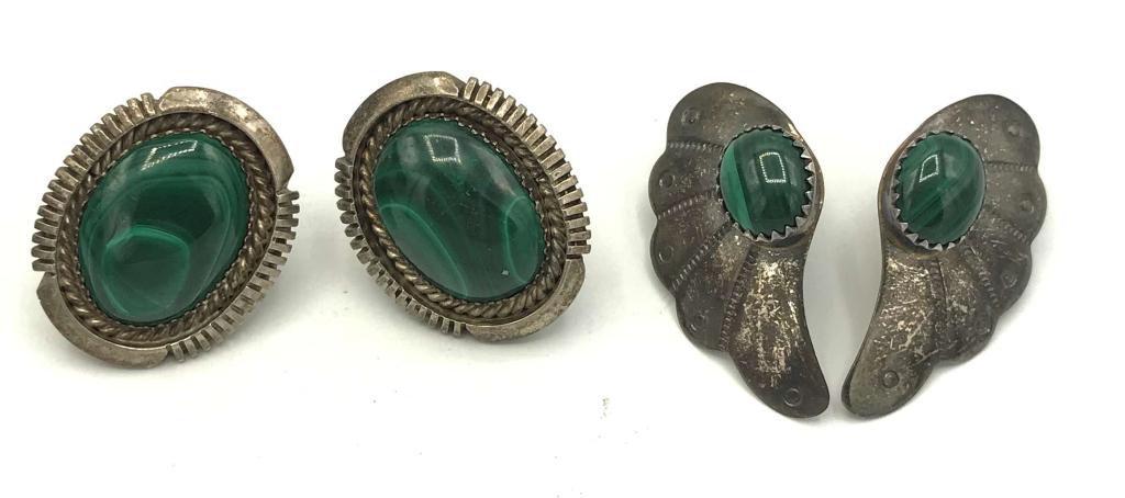 2 PRS MALACHITE EARRINGS (1-E. BELONE): 13.5 DWT TOTAL STERLING