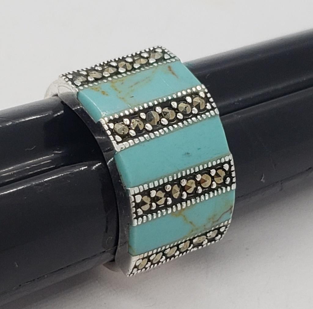 MARCASITE / TURQ STERLING DESIGNER RING: SIZE 7.5 ( 5 DWT)