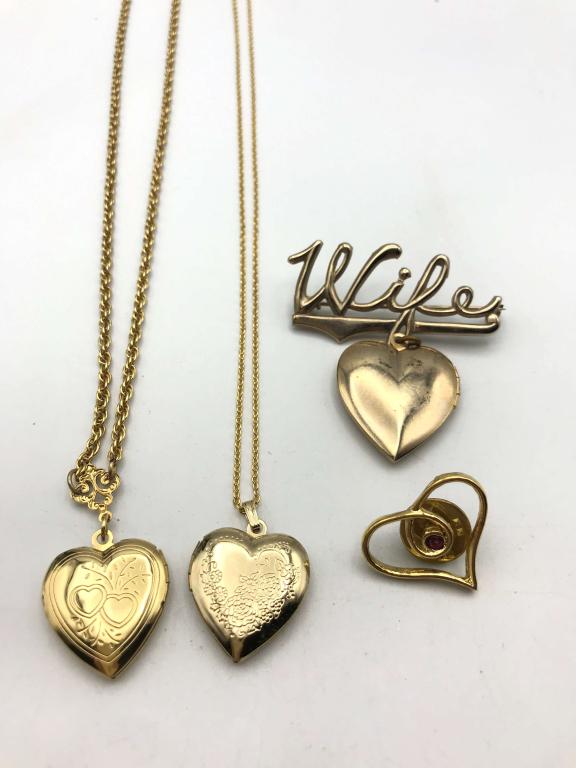 HEART LOT 2 NECKLACES & 2 BROOCH/PINS: REGISTER TO BID TODAY!