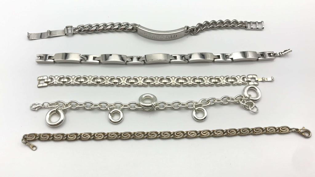 5 SILVER TONE BRACELETS: REGISTER TO BID TODAY!