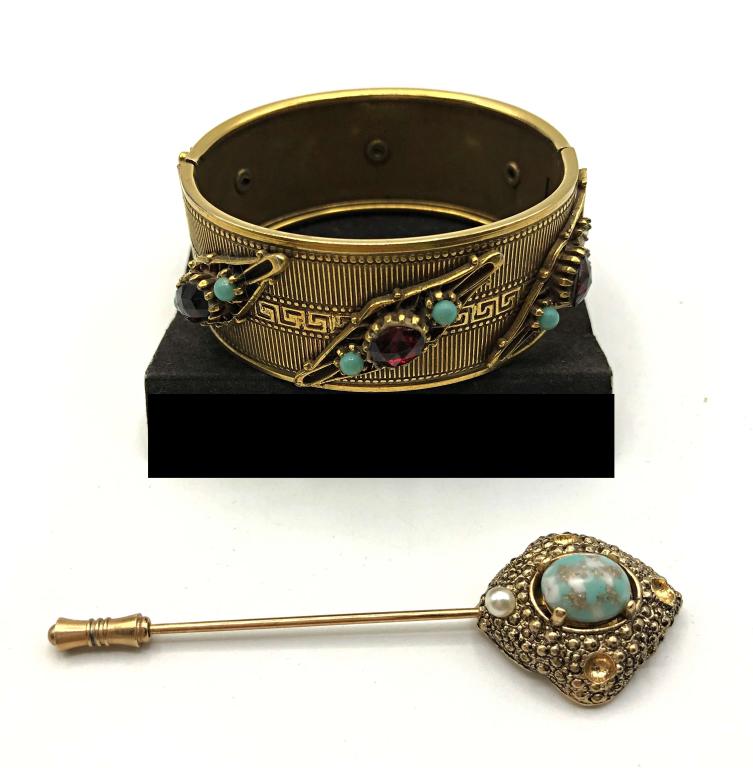 FAUX TURQUOISE BRACELET & PIN: BOTH PIECES MISSING FEW STONES SEE PHOTOS