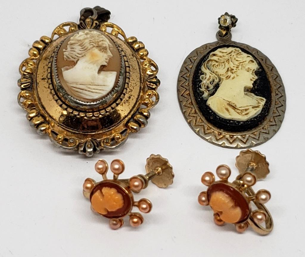 CAMEO SCREW BACK EARRINGS w/ (2) CAMEO: PENDANTS / LOCKET