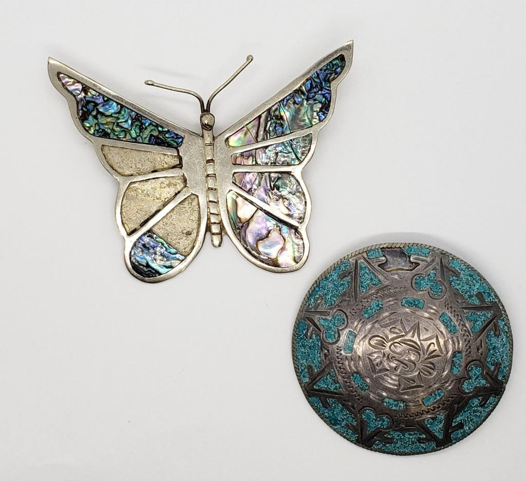 PLATA DE JALISCO V.H.L.C GUAD. MEXICO: 925 STERLING BROOCH missing small piece of Turquoise PIN / PENDANT (10.8 DWT) & STERLING ABALONE BUTTERFLY PIN missing some inlay (7.2 DWT)