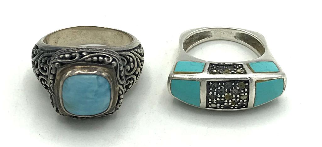 2-STERLING RINGS WITH TURQUIOISE STONES: INTRICATE DESIGN (1)MARCASITE. 9.8 DWT TOTAL SIZES 7 AND 9