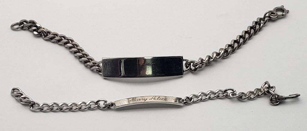 2-STERLING ID BRACELETS: (1) 433-D T.C.W. RODEO: 58 & (1) MARY ALICE (FRONT) MICHAEL (BACK). TOTAL 21.5 DWT