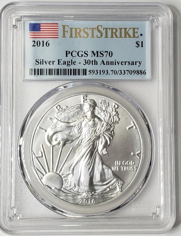 2016 AMERICAN SILVER EAGLE PCGS MS70: 30th ANNIVERSARY