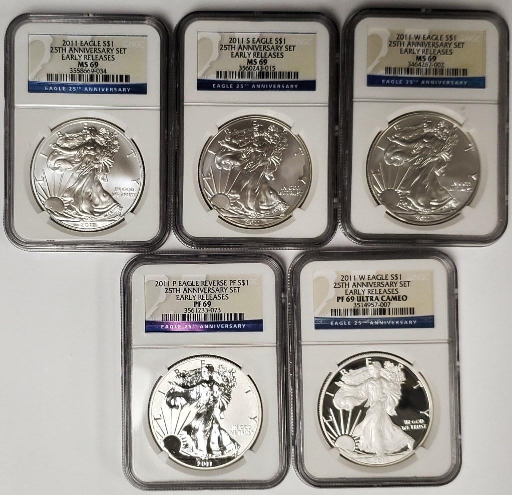 2011 American Silver Eagle 25th Anniversary Set NG: All graded PCGS MS69/PF69/PF69 Ultra Cameo.