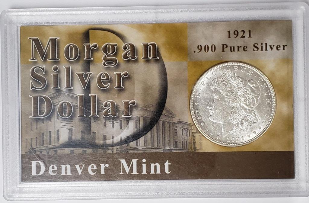 1921-D Morgan Silver Dollar: Encased with info from the First Commemorative Mint INC.