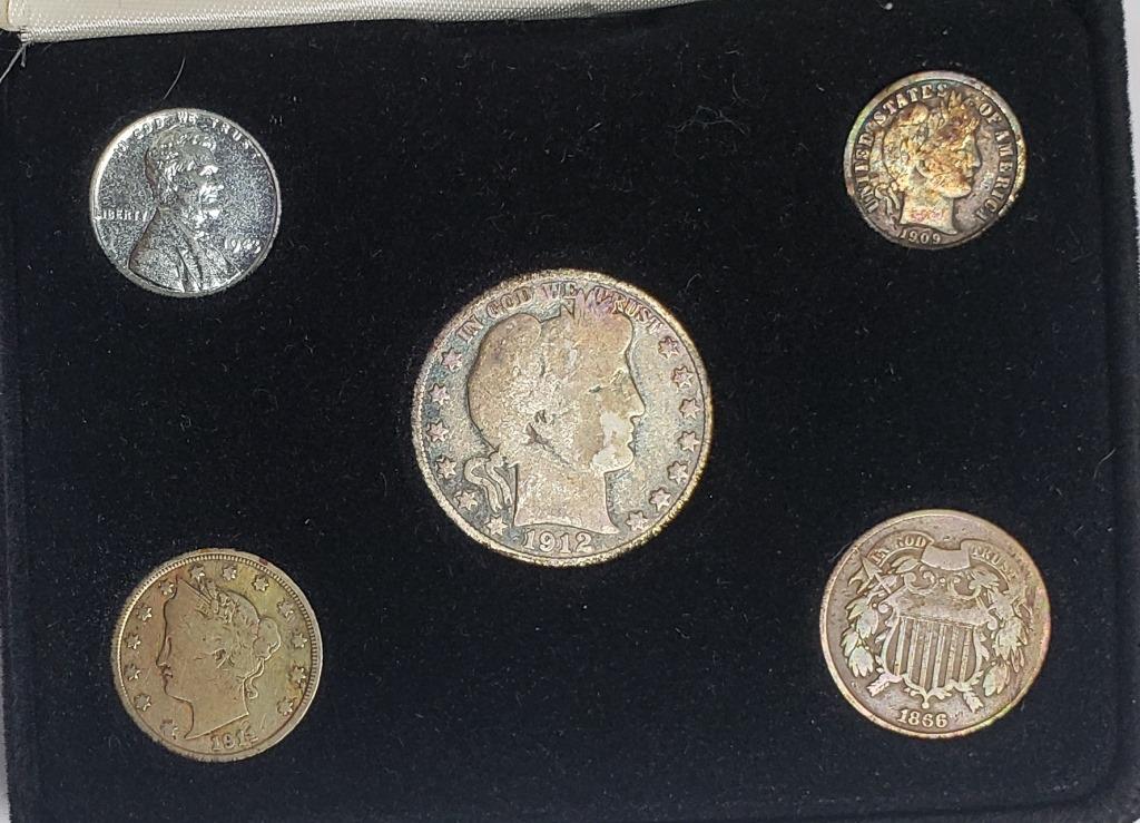 Vintage Obsolete Set Barber Half & Dime, V-Nickel: 1912 Barber Half, 1909 Barber Dime, 1911 V-Nickel, 1866 2-Cent, 1943 Steel War Time Cent.