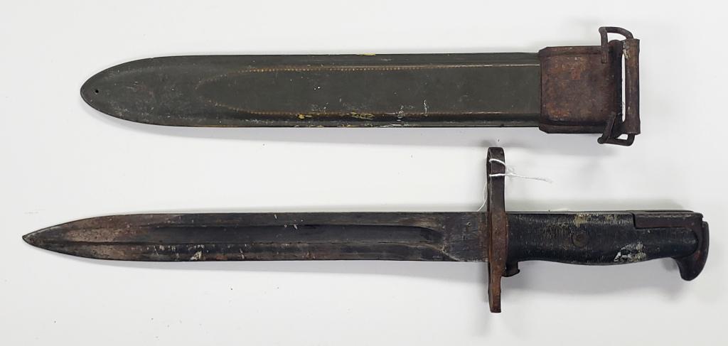 WWII US UHF Bayonet W/Scabbard: Needs a good cleaning. Rust is present on the handle, pommel, & scabbard.