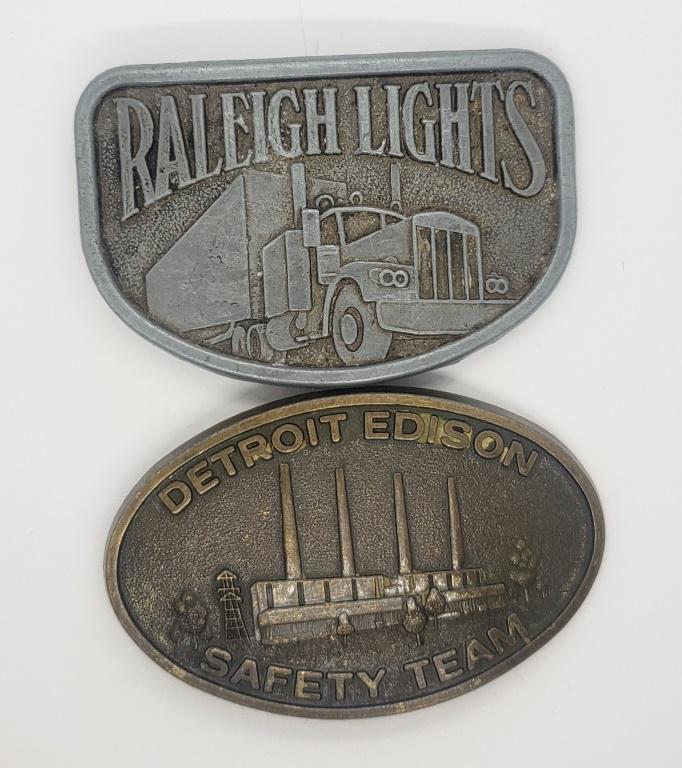 (2) VTG BELT BUCKLES: RALEIGH LIGHTS: w/SEMI-TRUCK (needs cleaned & DETROIT EDISON SAFETY TEAM