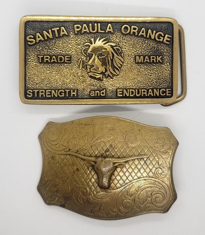 (2) SOLID BRASS BELT BUCKLES - LONGHORN (1 of 2)