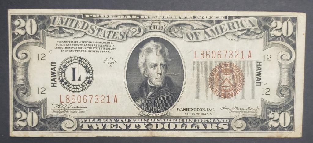 1934A $20 "HAWAII" FED RSV NOTE (1 of 2)