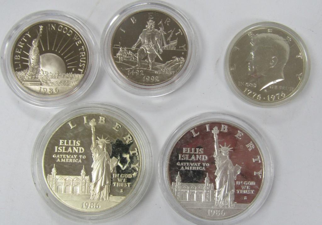 PROOF LOT: 1976 KENNEDY SILVER 50c: 1992 COLUMBUS PROOF, 1986 STATUE of LIBERTY PROOF, (2) 1986 SILVER STATUE of LIBERTY COMMEM DOLLARS