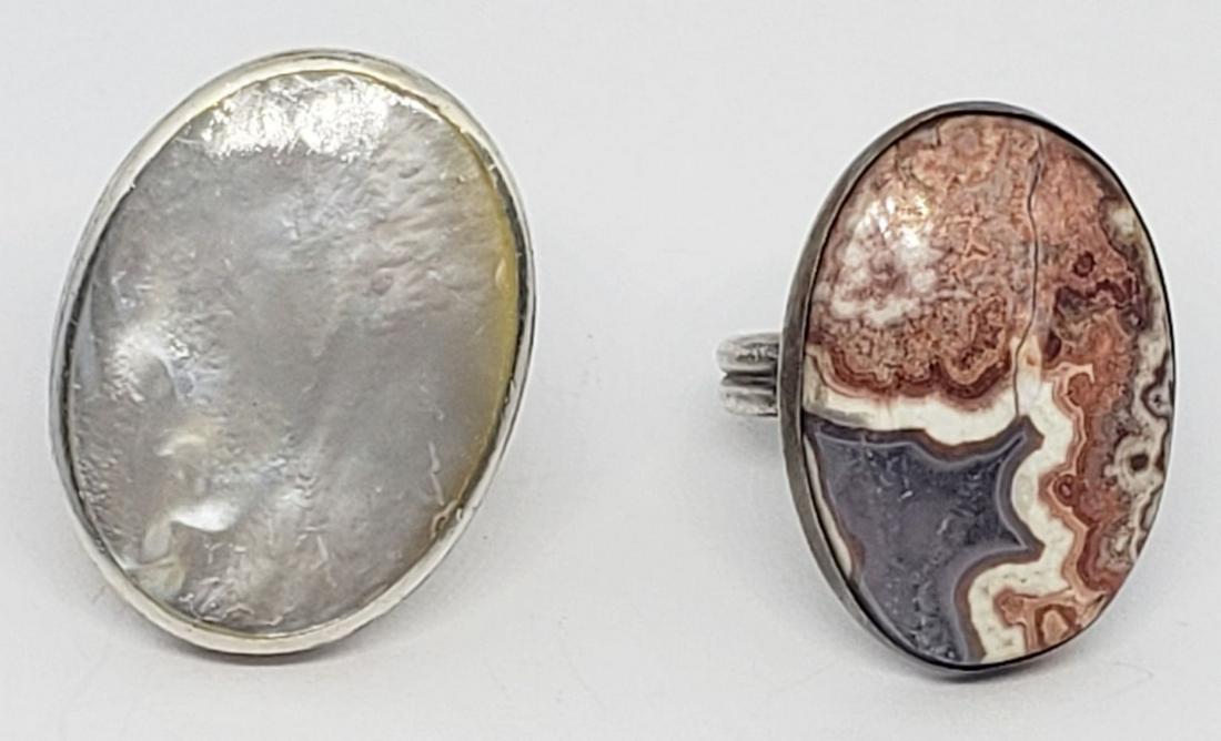 2-STERLING RINGS-SEASHELL INLAY & NATURAL STONE: CENTER-SIZES 9 & 10.5. TOTAL 13.4 DWT
