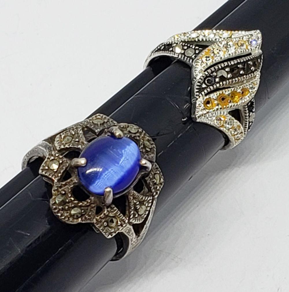 2-VINTAGE STERLING MARCASITE RINGS: (1)WITH DEEP BLUE CENTER STONE-SIZES 7.5 & 9-TOTAL 6.5 DWT