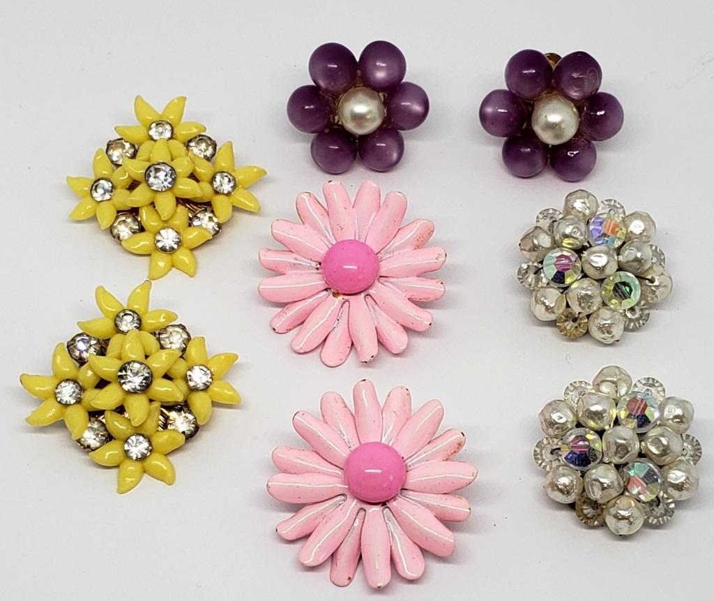 4-VTG CLIP ON/TWIST BACK EARRINGS: (1)YELLOW: FLOWER CLUSTER WITH RHINESTONES (1)PINK METAL FLOWER (1)PURPLE BEADED (1)WHITE AND CLEAR BEADED CLUSTER