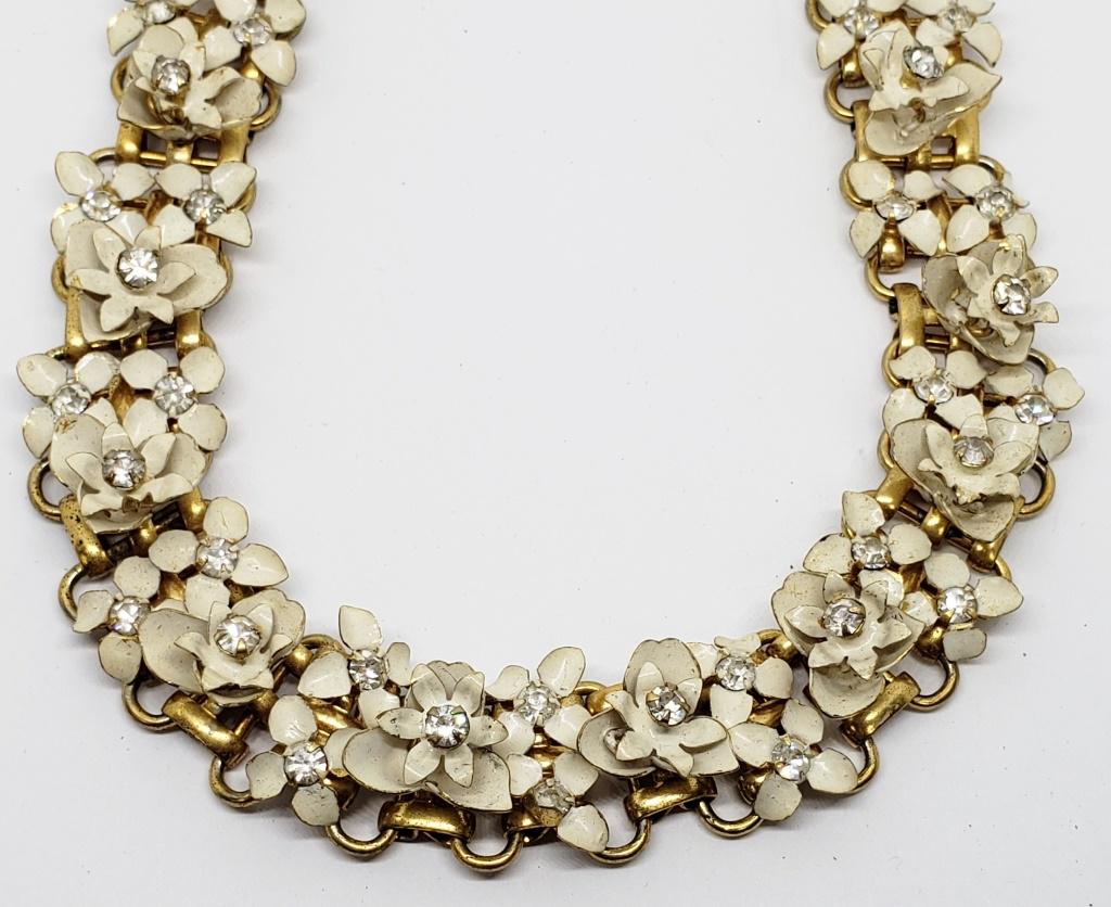 VTG GOLD TONED FLOWER CLUSTER CHOKER/: NECKLACE WITH WHITE ENAMEL AND RHINESTONE ACCENTS