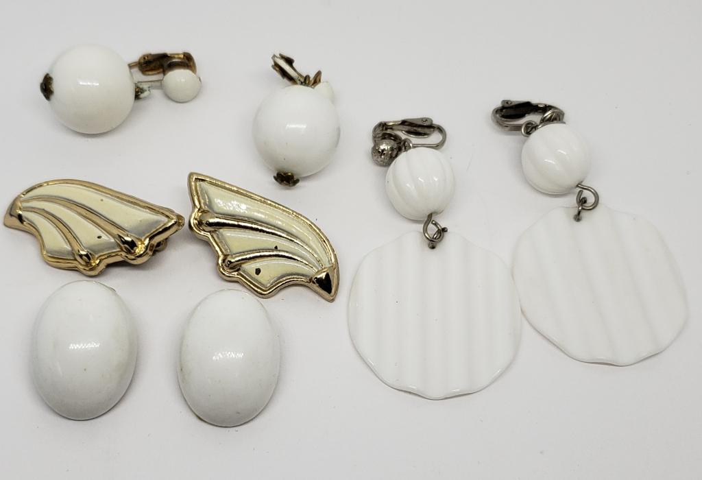 4-PAIRS OF 80s STYLE CLIP ON/TWIST BACK WHITE: LUCITE EARRINGS