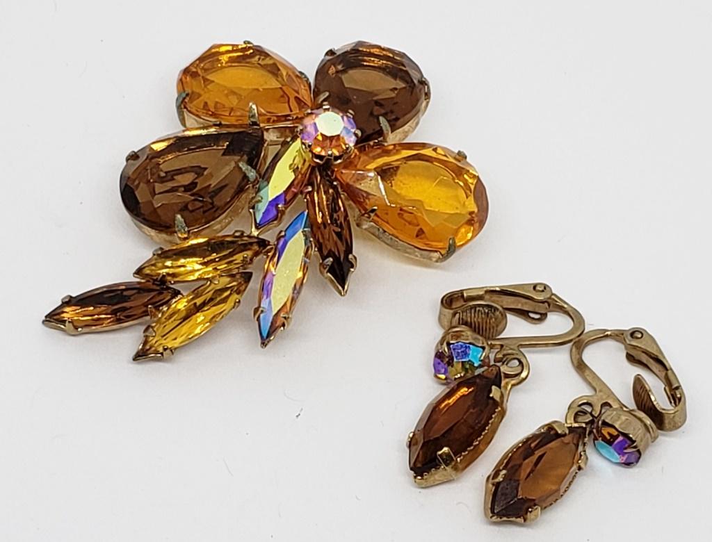 SET! VTG GOLD TONED BURNT ORANGE RHINESTONE (1 of 7)