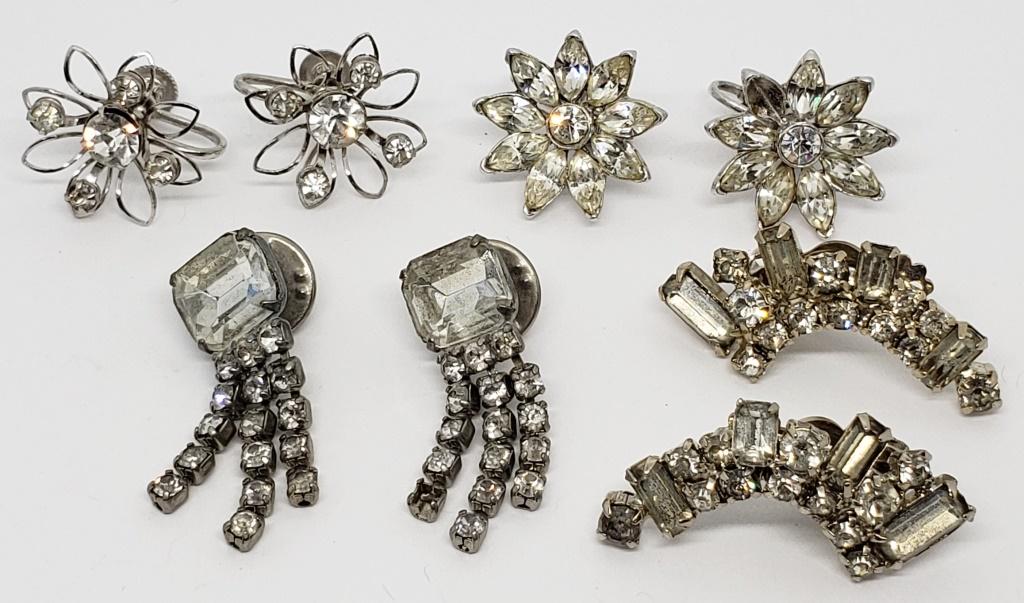 4-PAIRS OF VTG SILVER TONED RHINESTONE EARRINGS (1 of 5)