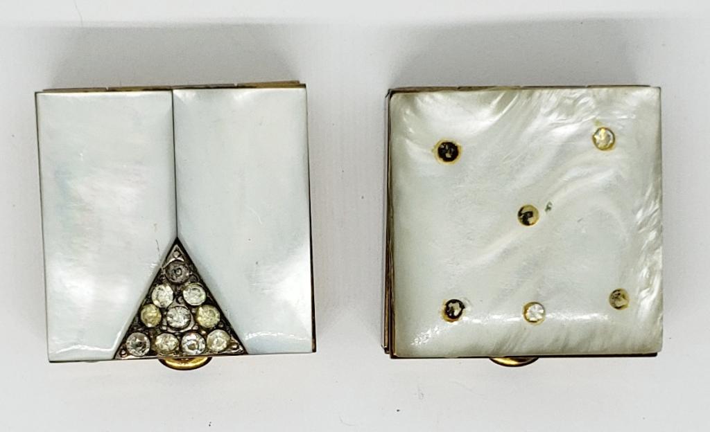 2-VTG GOLD TONED ABILONE INLAY PILL BOXES: RHINESTONE ACCENTS
