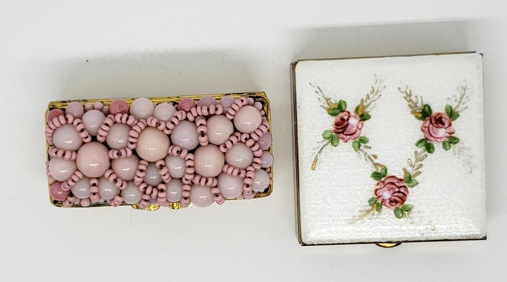 2-VTG GOLD TONED PILL BOXES-PINK BEADS-ROSE: ENAMEL DESIGN
