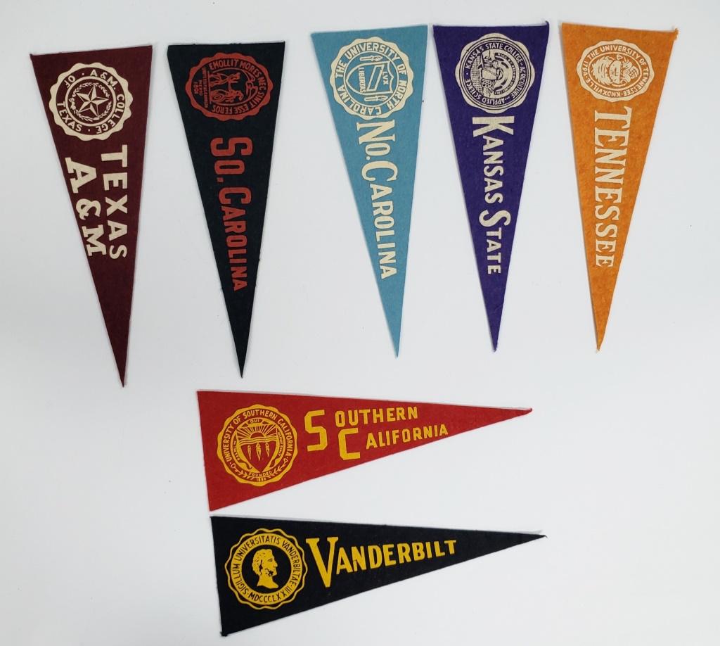 (7) Vtg COLLEGE University PENNANTS: 4" x 9" FELT - UNIV VANDERBILT, UNIV SOUTHERN CALIFORNIA, UNIV TENNESSEE, KANSAS STATE COLLEGE, UNIV NO. CAROLINA, UNIV SO. CAROLINA TEXAS A&M - VERY NICE CONDITION - NO CREASES