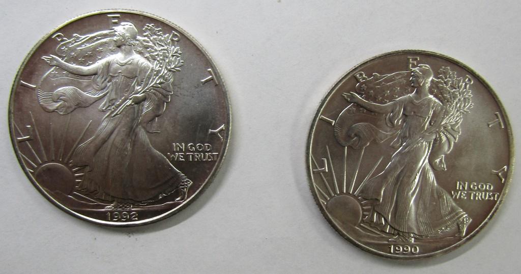 2 - 1992 and 1990 American Silver Eagles 1 oz 999 (1 of 2)