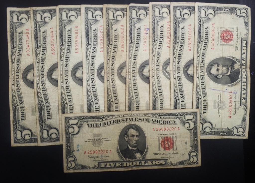 (10) 1963 $5 RED SEAL U.S. NOTES (1 of 2)