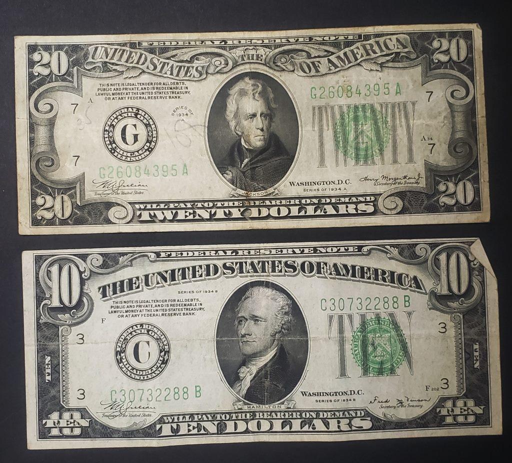 (2) 1934 FED RSV NOTES $10 & $20 (1 of 2)