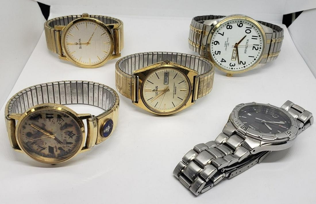 Men's Watch Lot Guess, Waltham, Bulova, Lorus, Hel: All need batteries. Unsure if they are in running condition. Sold As-Is
