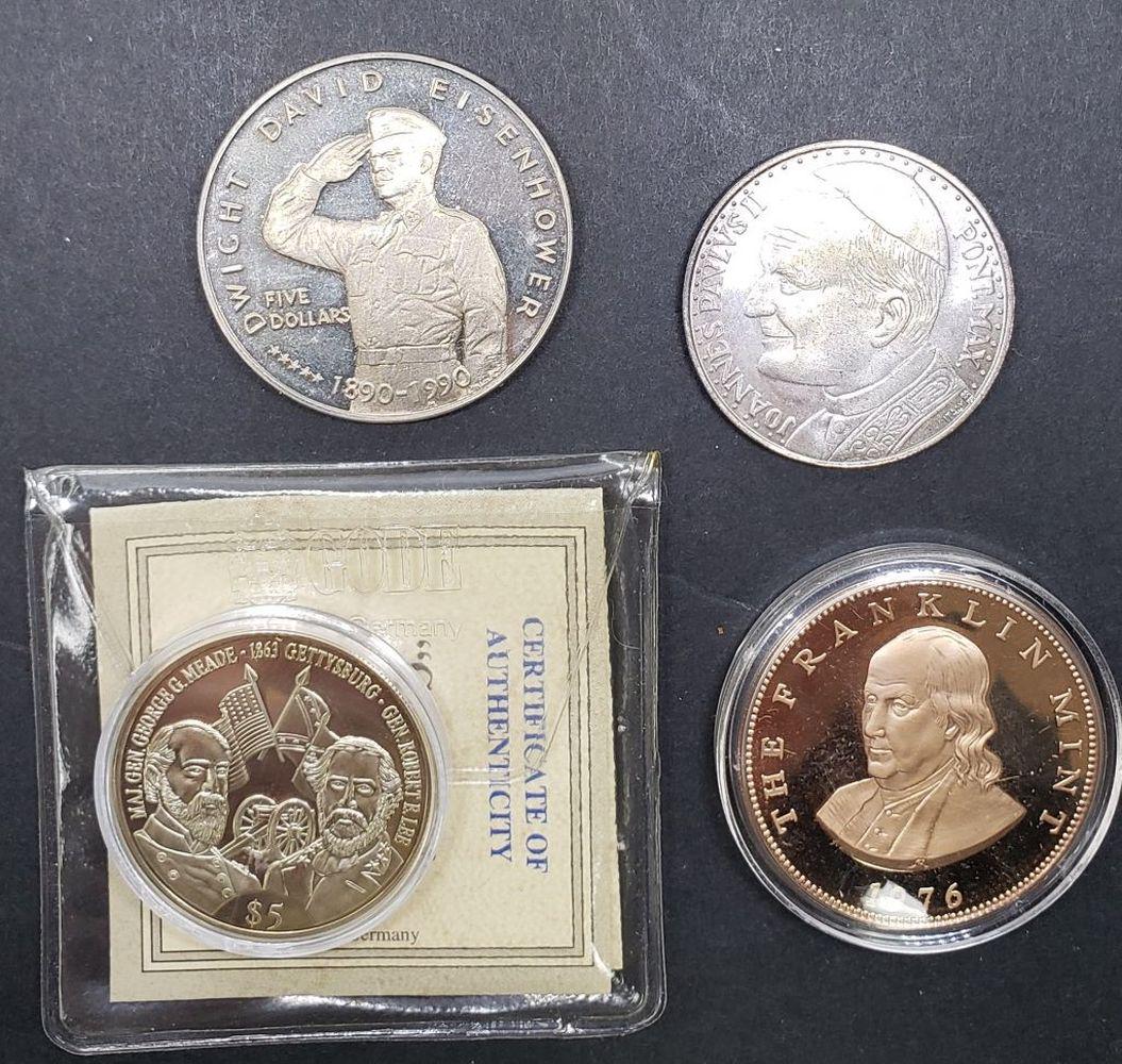 4-MEDALLIONS: POPE JOHN PAUL II,: 1976 FRANKLIN PROOF by FRANKLIN MINT, MARSHALL ISLANDS EISENHOWER $5, LIBERIA CIVIL WAR $5