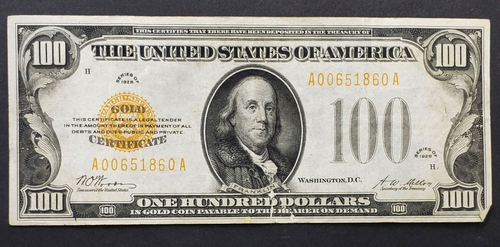 RARE 1928 $100 GOLD CERTIFICATE (1 of 2)