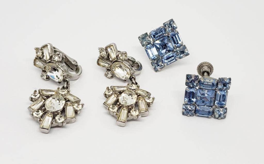 2-VTG SILVER TONED RHINESTONE CLIP ON & TWIST: BACK EARRINGS (1)MARKED TRIFARI