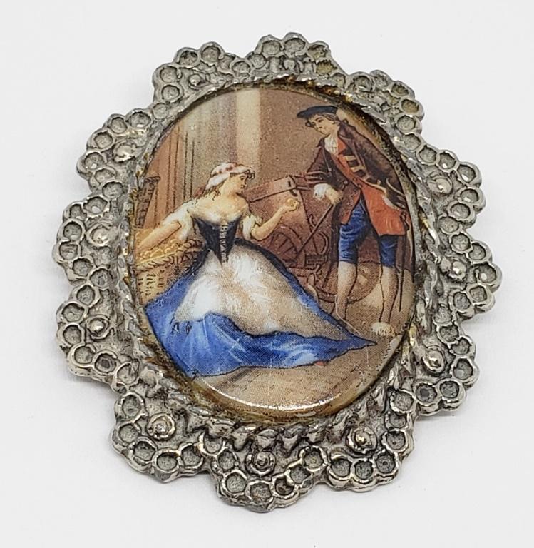 VTG SILVER TONED OVAL BROOCH WITH GERMAN (1 of 4)