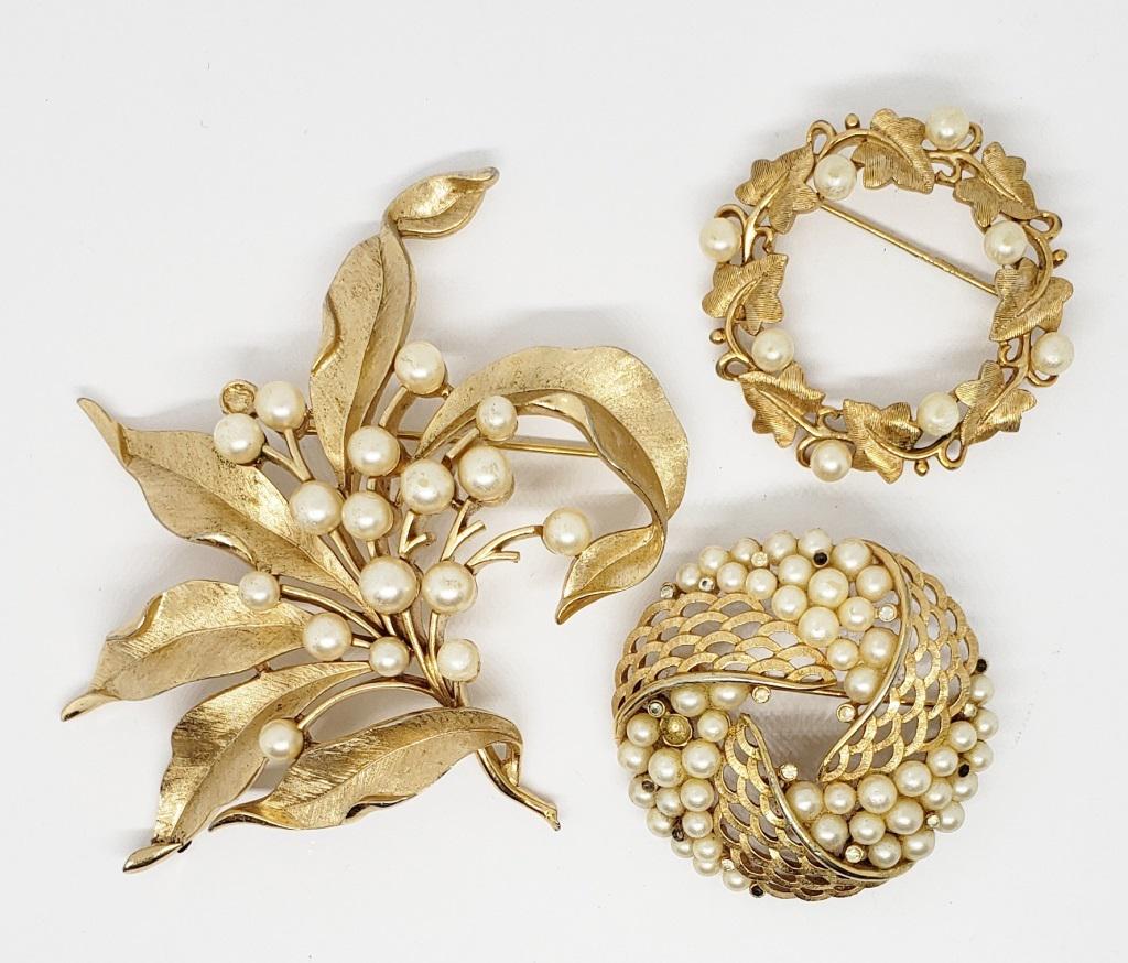 3-TRIFARI GOLD TONED FAUX PEARL BROOCHES: SOME PEARLS & RHINESTONES MISSING