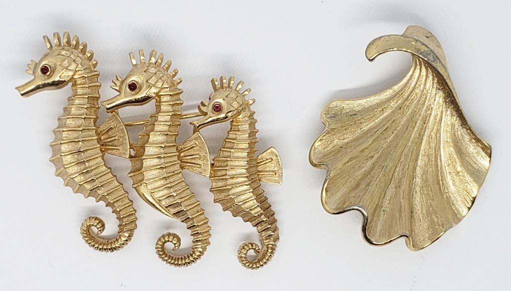 2-TRIFARI GOLD TONED BROOCHES (1)SEAHORSE: WITH RED RHINESTONES & (1)SEASHELL