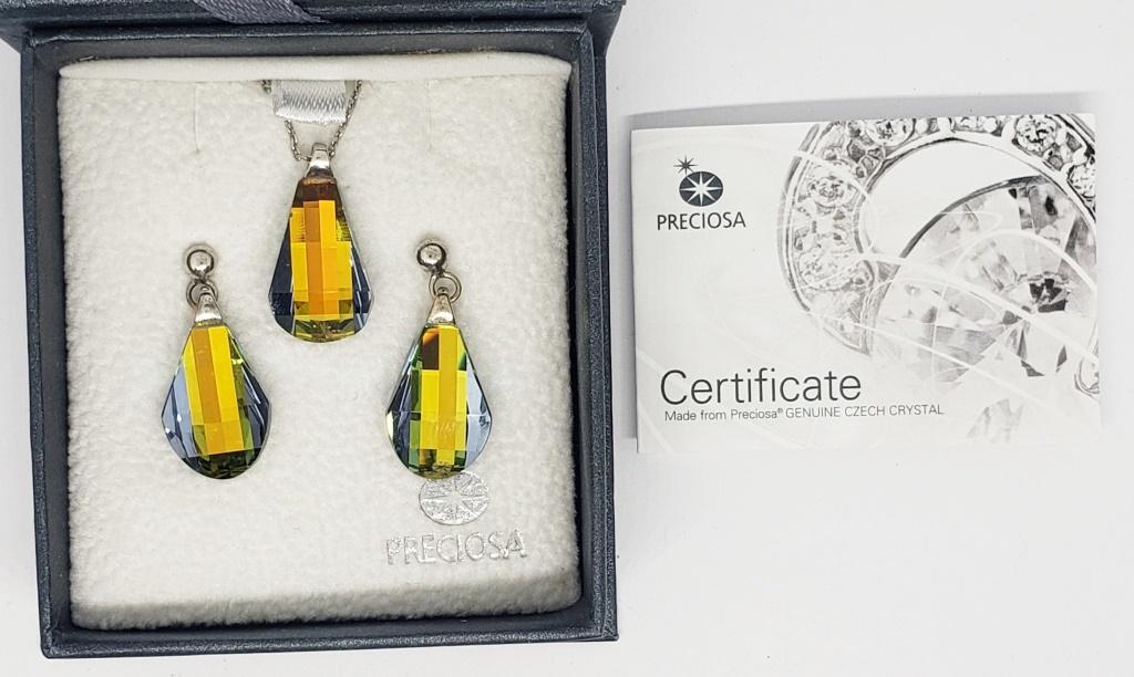 NIB PRECIOSA CZECH CRYSTAL NECKLACE WITH: MATCHING PIERCED EARRINGS