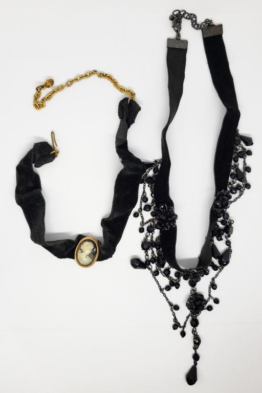 2-VTG BLACK VELVET CHOKER NECKLACES:: (1)WITH CAMEO PENDANT & (1)WITH BLACK BEADED BIB