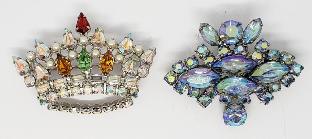 2-SILVER TONED VINTAGE RHINESTONE BROOCHES: (1)WITH BABY BLUE RHINESTONES & (1)B DAVID MARKED CROWN RHINESTONE BROOCH