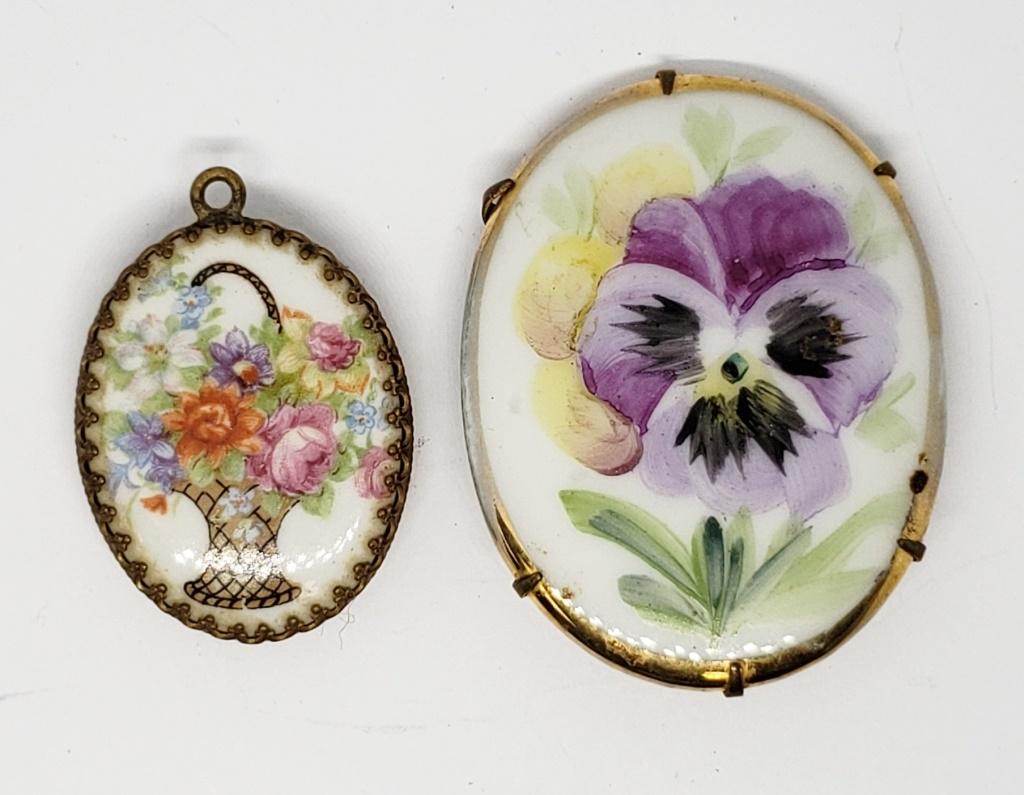 VINTAGE GOLD TONED ENAMEL LOT: (1)FLOWER: BASKET SCENE LOCKET PENDANT & (1)PURPLE IRIS BROOCH