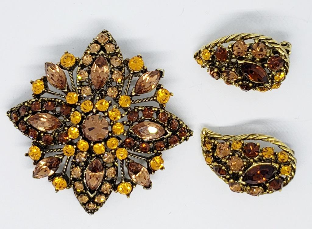 SET! GOLD TONED BROWN & YELLOW RHINESTONE (1 of 5)