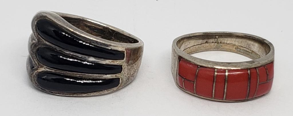 2-VTG STERLING RINGS WITH BLACK ONYX AND RED (1 of 6)