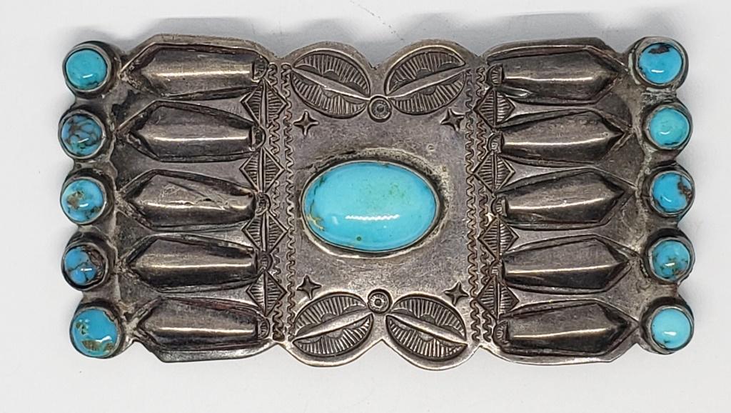 LARGE NAVAJO STERLING BROOCH WITH TURQUOISE (1 of 5)