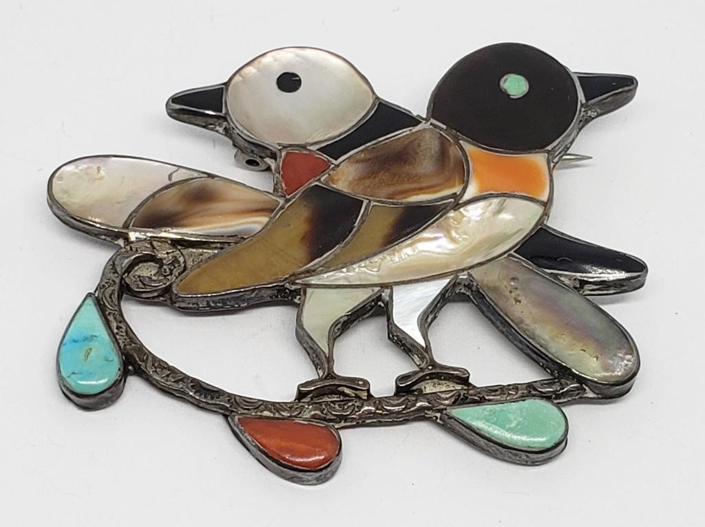 "P" MARKED  ZUNI DOUBLE BIRD BROOCH-RED CORAL (1 of 7)