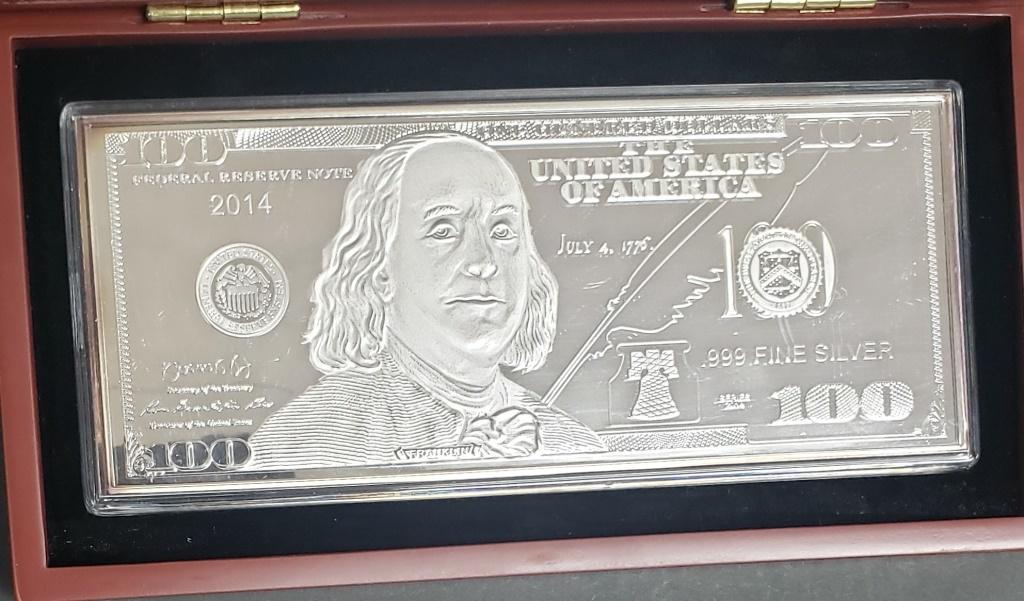 2014 $100 SILVER .999 1oz CURRENCY BAR: by WASHINGTON MINT #2873 of 9999 in WOOD DISPLAY